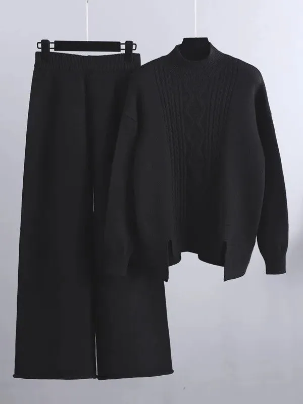 Cashmere Women Sweater Tracksuits Wide Leg Pant Suits