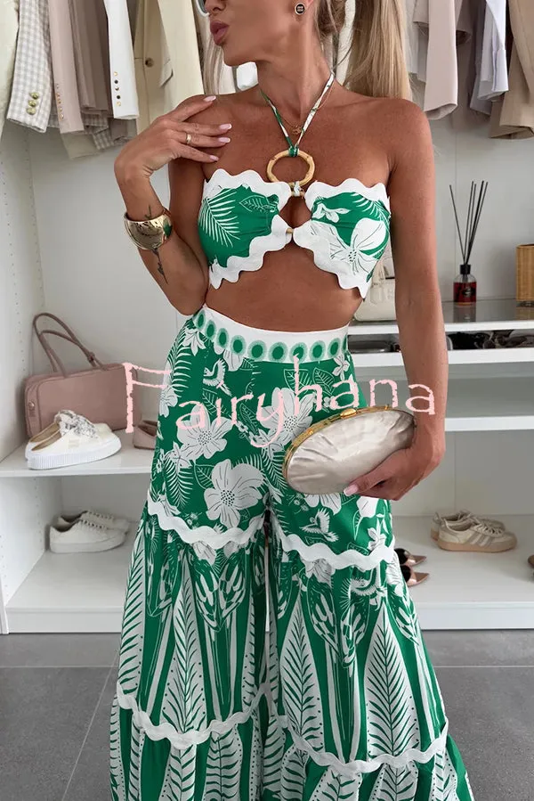 Cassie Ric Rac Trims Unique Print Halter Ring Tank and High Rise Wide Leg Pants Set