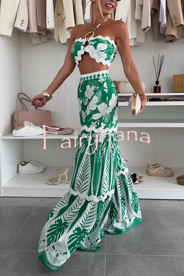 Cassie Ric Rac Trims Unique Print Halter Ring Tank and High Rise Wide Leg Pants Set