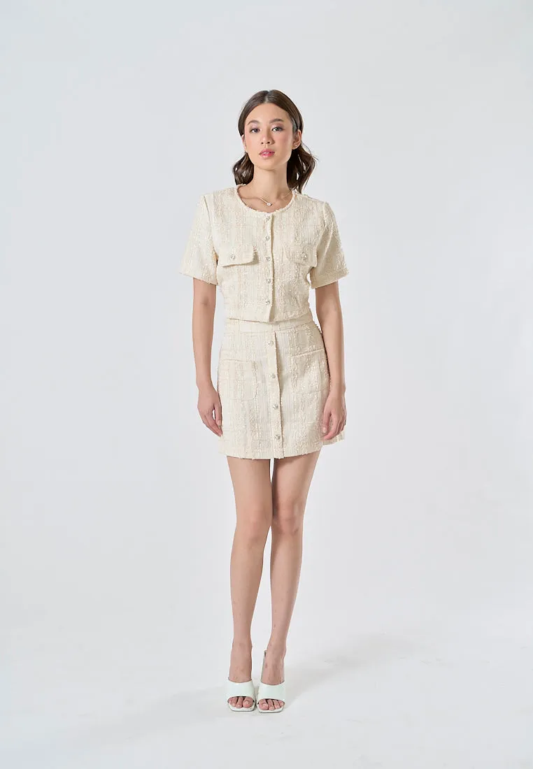 Chaska Beige Tweed Beige Crew Neck Short Sleeve Top and Front Pocket Casual Mini Skirt Set
