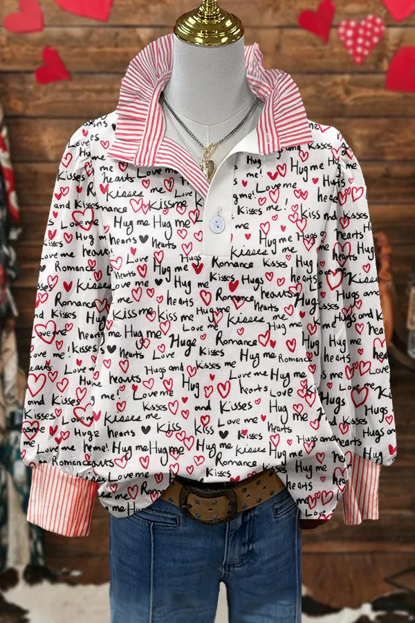 Chic Valentine's Day Print Puff Sleeve Blouse