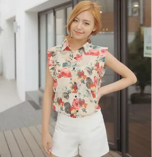 Chiffon Floral Print Women's Blouse Sleeveless Women Shirt Tops Female Clothing Ladies Fashion Body