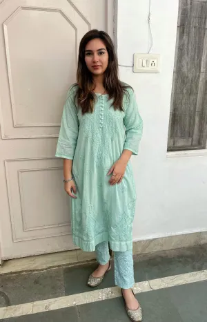 Chikankari cotton Kurti With Pant in Sea Green