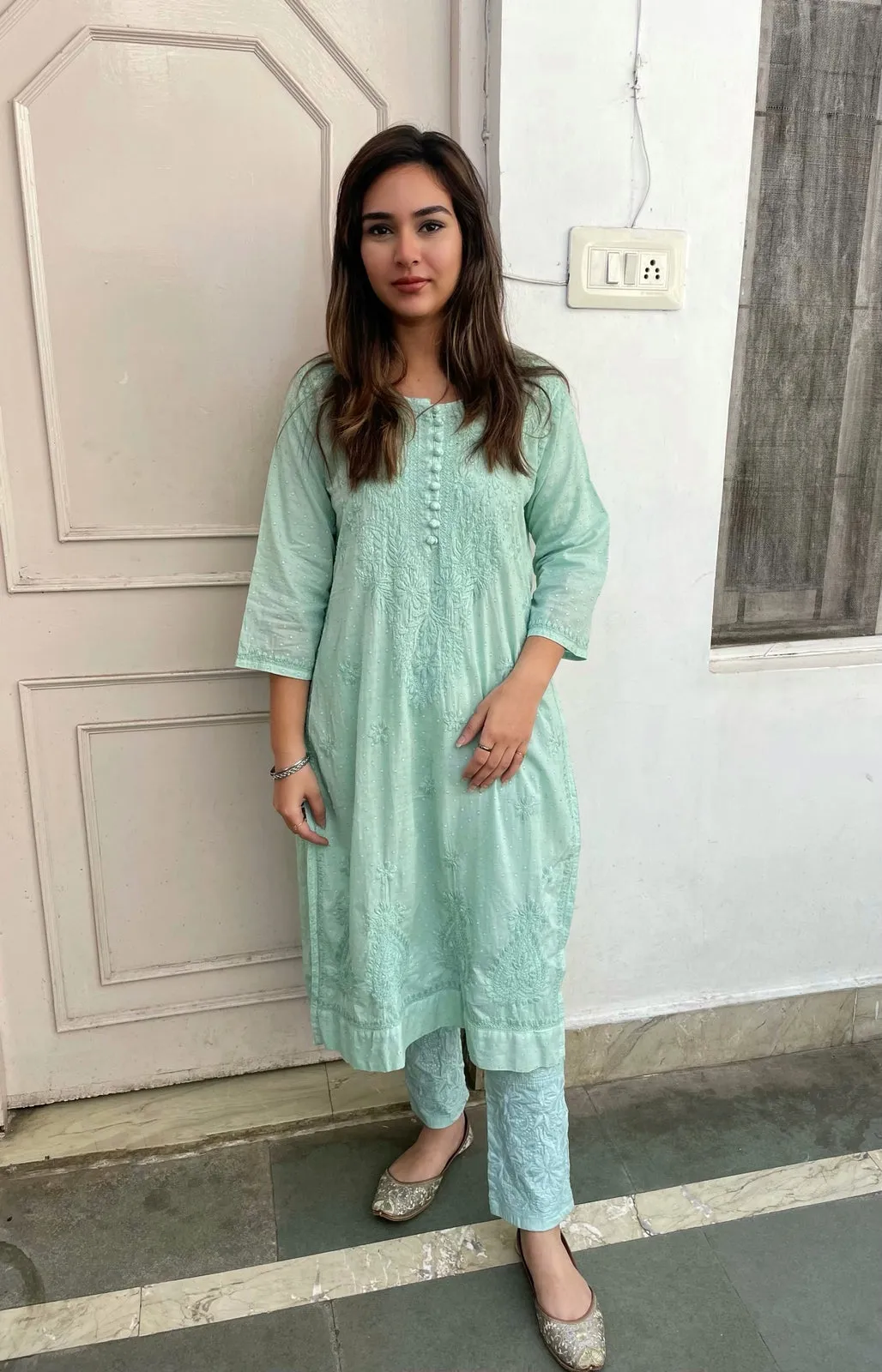 Chikankari cotton Kurti With Pant in Sea Green
