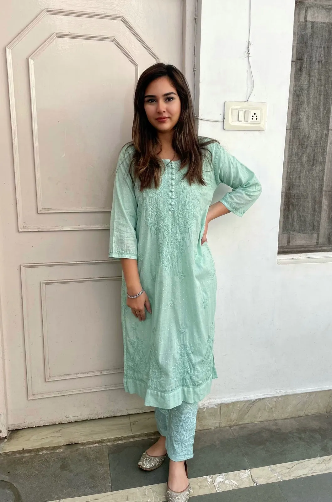 Chikankari cotton Kurti With Pant in Sea Green