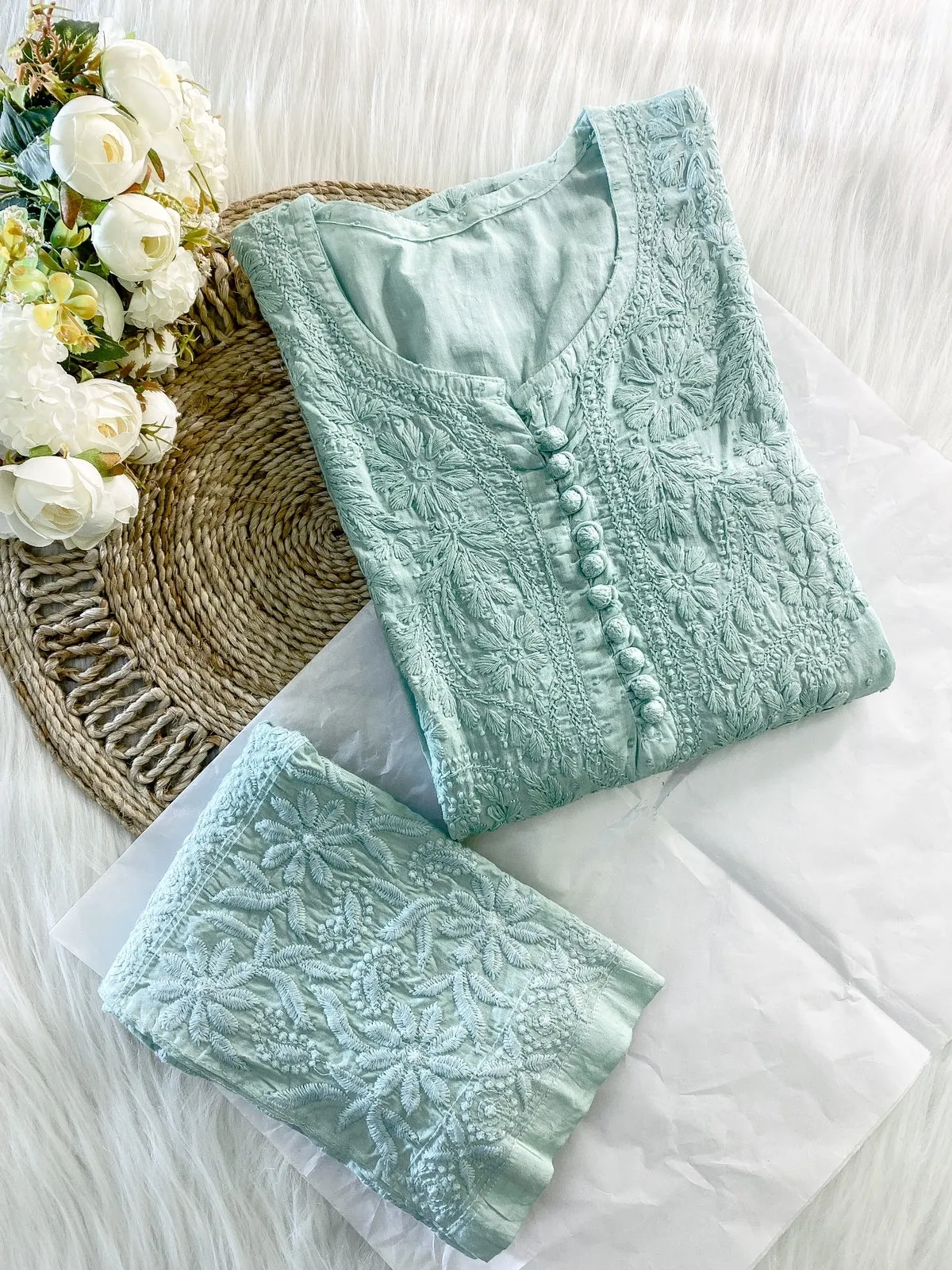 Chikankari cotton Kurti With Pant in Sea Green