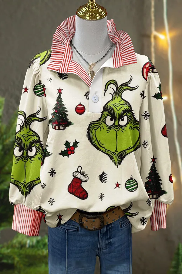 Classic Funny Christmas Grinch Print Stripe Puff Sleeve Top