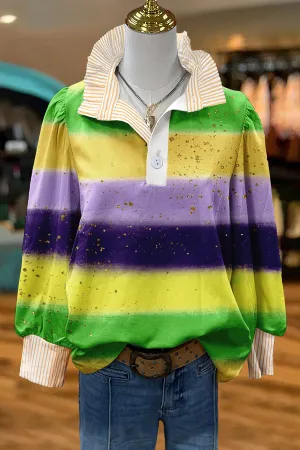 Classic Mardi Gras Print Puff Sleeve Blouse