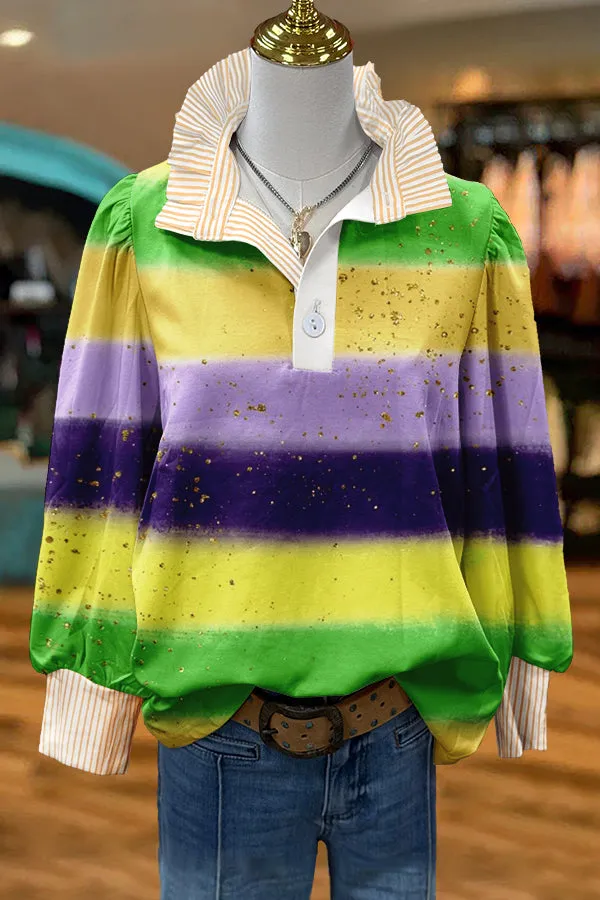 Classic Mardi Gras Print Puff Sleeve Blouse