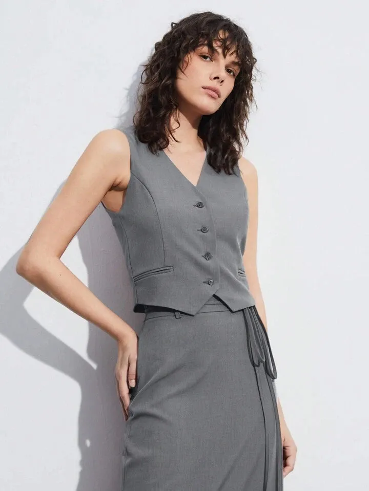 CM-SS116177 Women Elegant Seoul Style V-Neck Single-Breasted Suit Vest With Skirt Suit - Light Gray