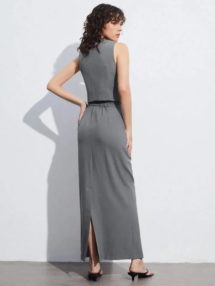 CM-SS116177 Women Elegant Seoul Style V-Neck Single-Breasted Suit Vest With Skirt Suit - Light Gray