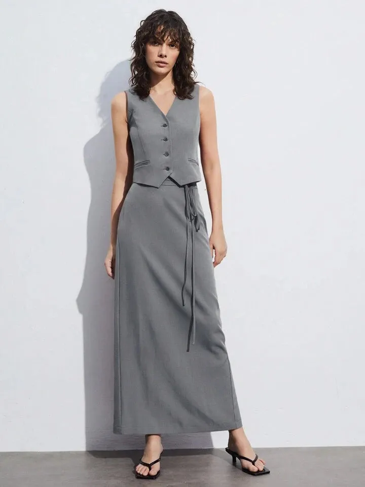 CM-SS116177 Women Elegant Seoul Style V-Neck Single-Breasted Suit Vest With Skirt Suit - Light Gray