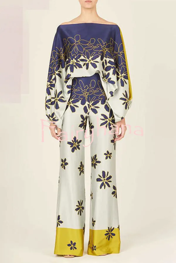 Coco Satin Unique Print Off Shoulder Dolman Sleeve Top and Loose Wide Leg Pants Set