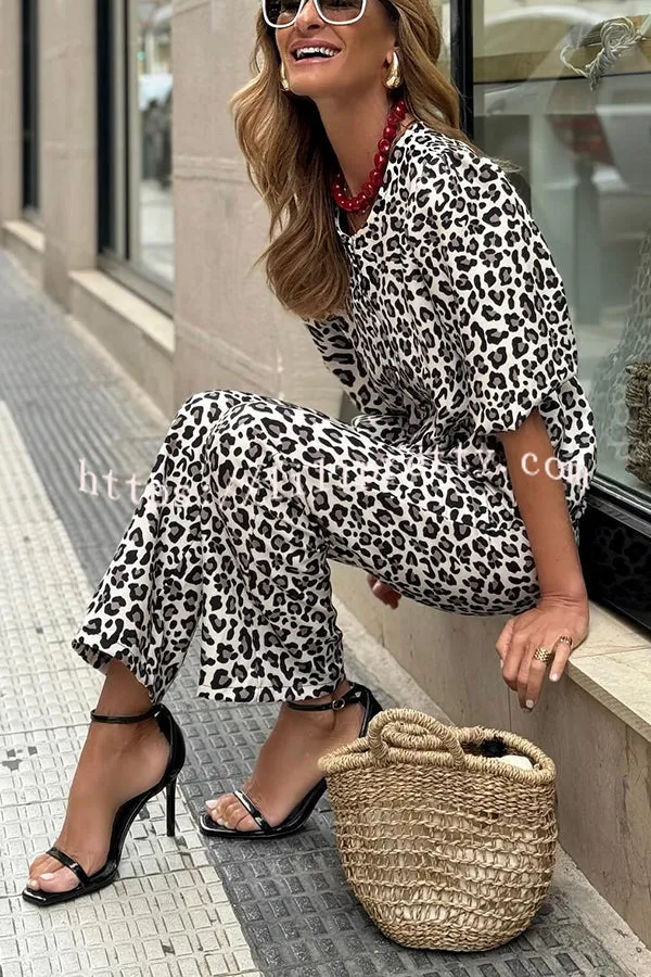 Colette Leopard Print Half Sleeve Babydoll Top and Elastic Waist Pocketed Pants Set