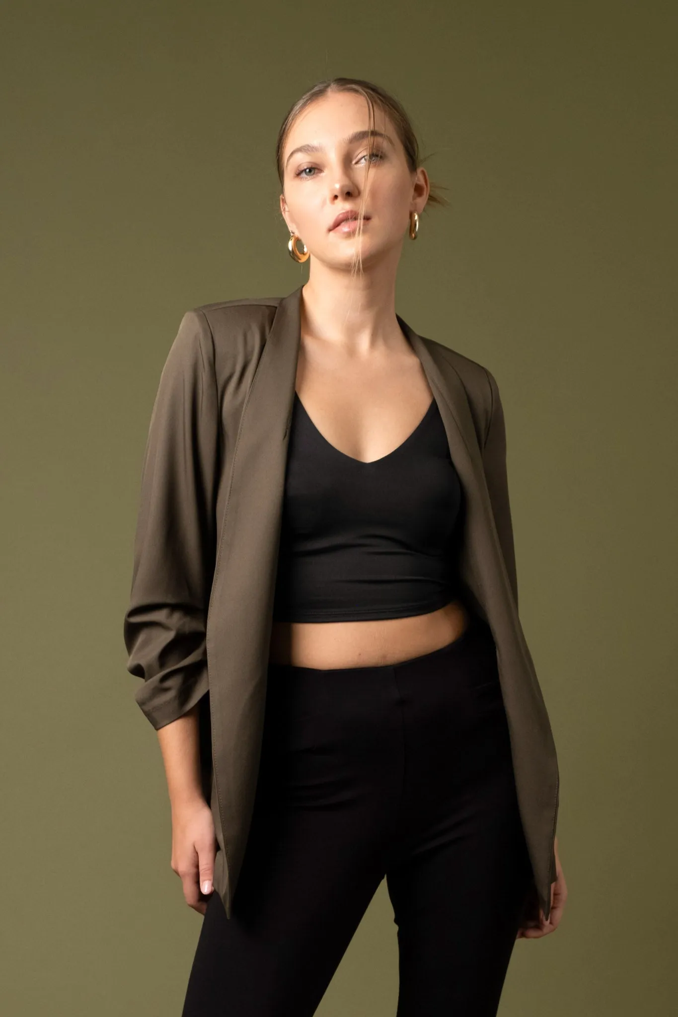 COLLARLESS 3/4 RUCHED SLEEVE LONGLINE BLAZER