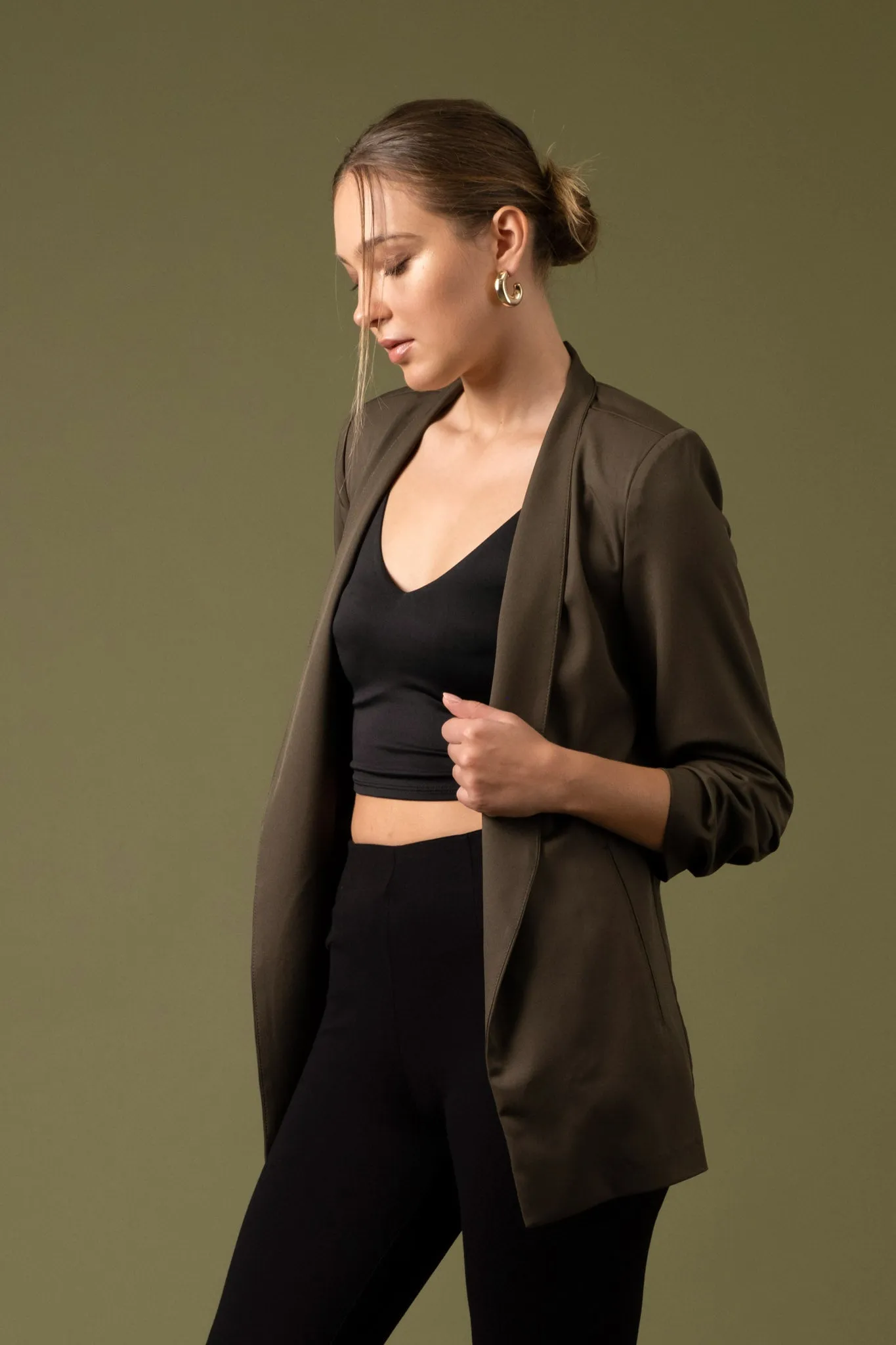 COLLARLESS 3/4 RUCHED SLEEVE LONGLINE BLAZER