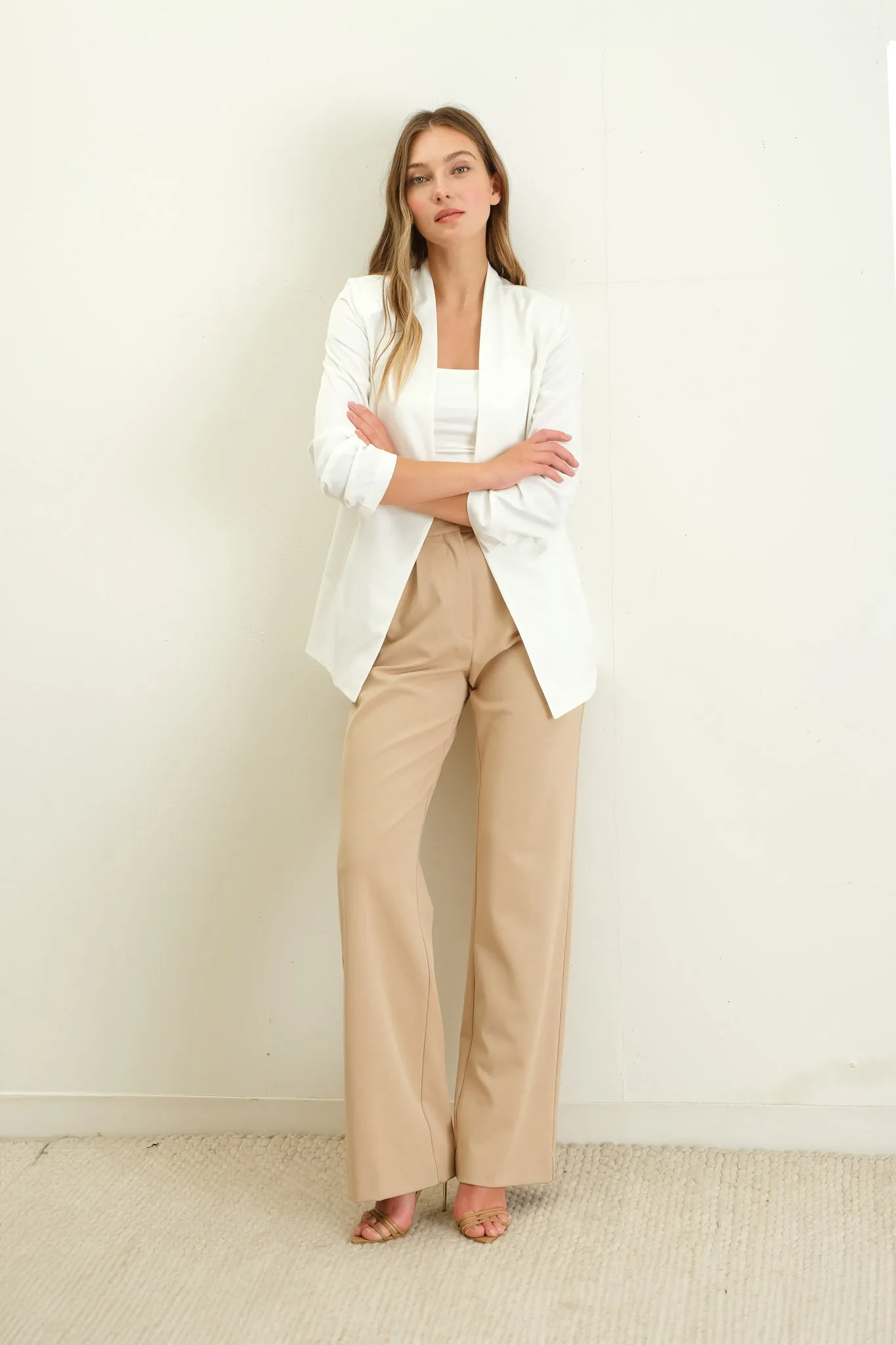 COLLARLESS 3/4 RUCHED SLEEVE LONGLINE BLAZER