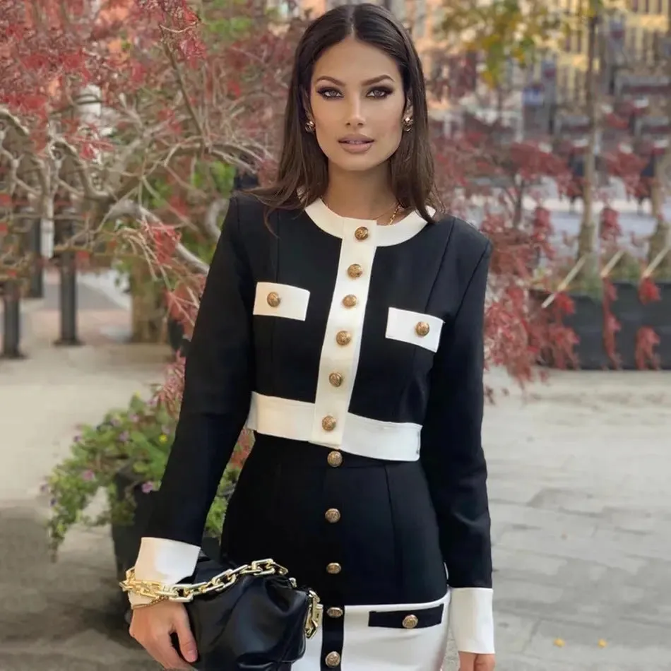 Color Block Cardigan - Black and White Knitted Sweater with Metal Buckle