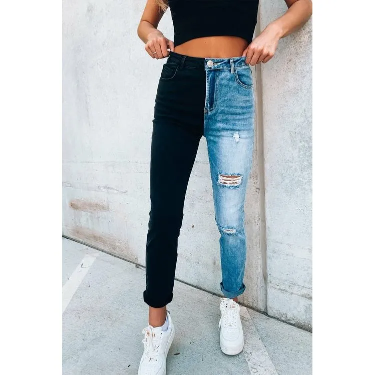 Color Block Distressed Skinny Jeans