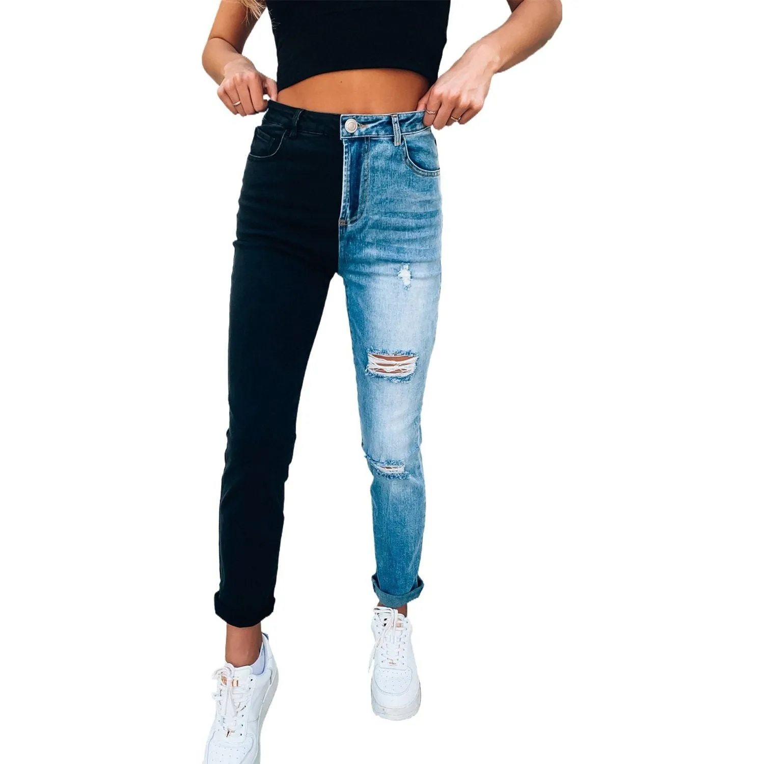 Color Block Distressed Skinny Jeans