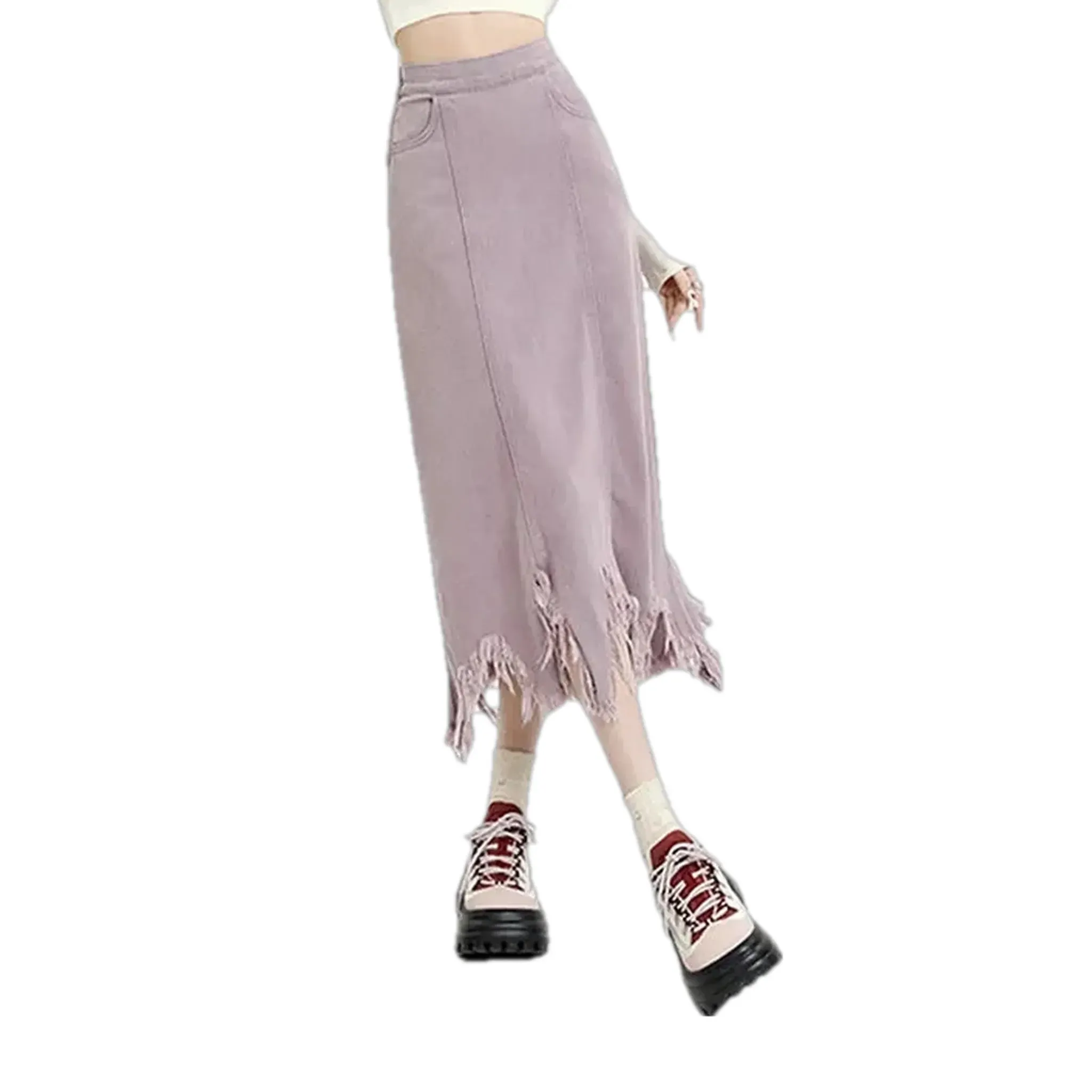 Colorful fringe asymmetrical denim skirt