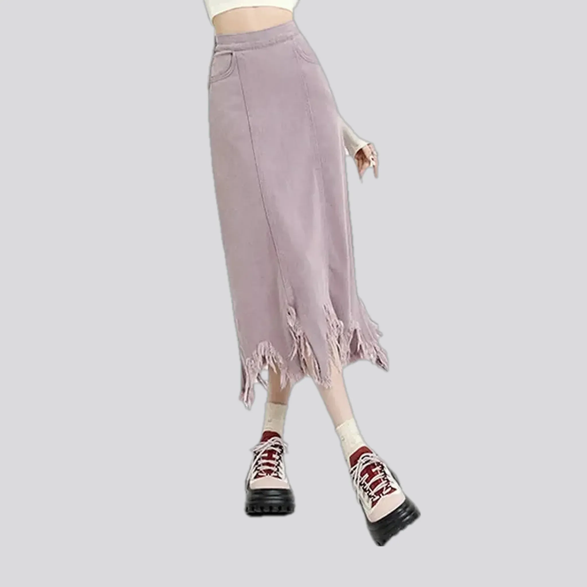 Colorful fringe asymmetrical denim skirt