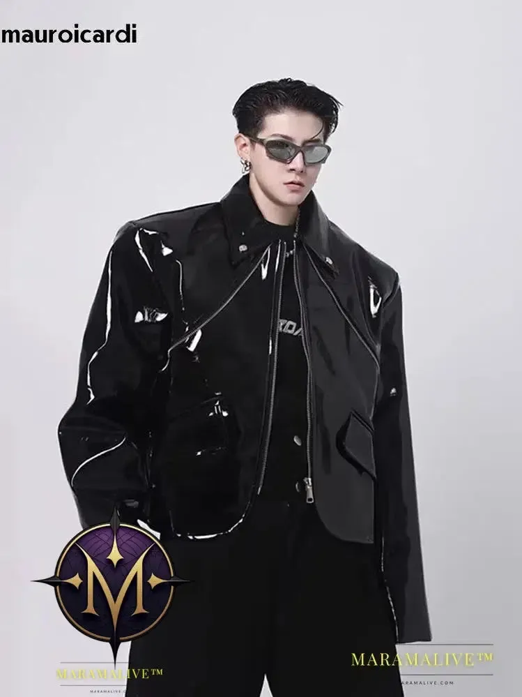 Cool Loose Short Black Shiny Reflective Patent Faux Leather Jacket Men Zipper Luxury Designer Clothes