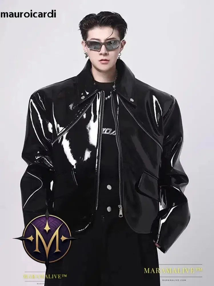 Cool Loose Short Black Shiny Reflective Patent Faux Leather Jacket Men Zipper Luxury Designer Clothes