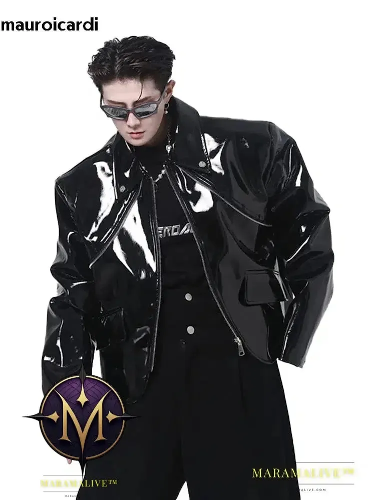Cool Loose Short Black Shiny Reflective Patent Faux Leather Jacket Men Zipper Luxury Designer Clothes