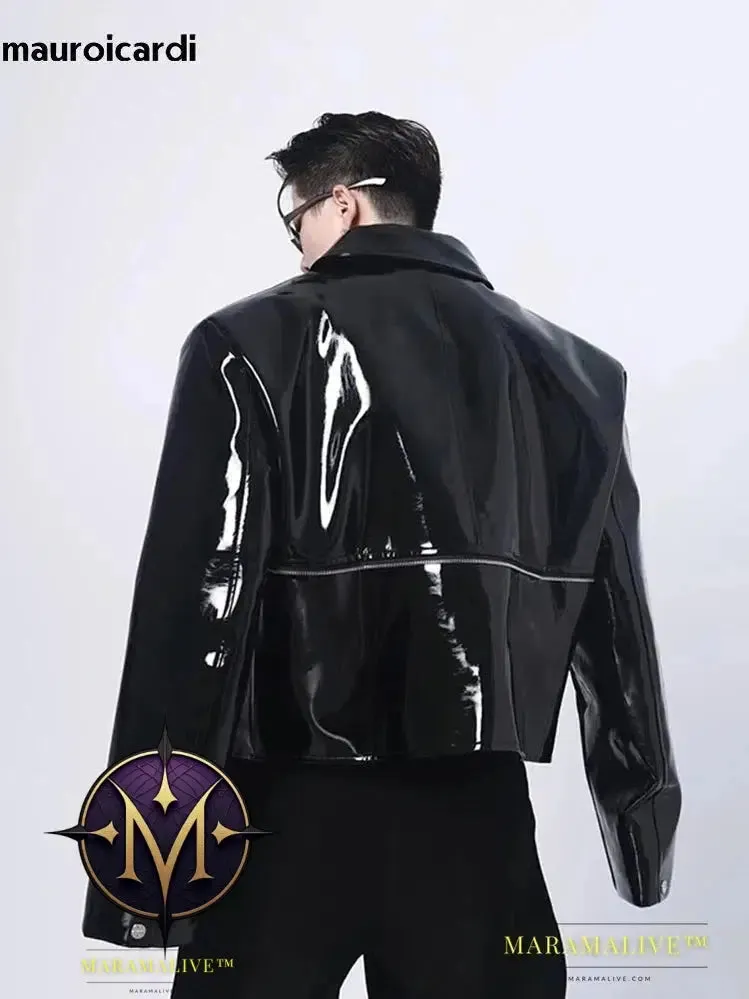 Cool Loose Short Black Shiny Reflective Patent Faux Leather Jacket Men Zipper Luxury Designer Clothes