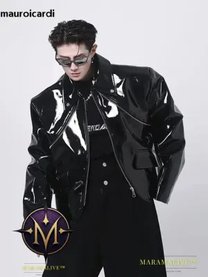 Cool Loose Short Black Shiny Reflective Patent Faux Leather Jacket Men Zipper Luxury Designer Clothes