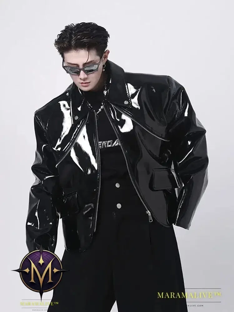 Cool Loose Short Black Shiny Reflective Patent Faux Leather Jacket Men Zipper Luxury Designer Clothes