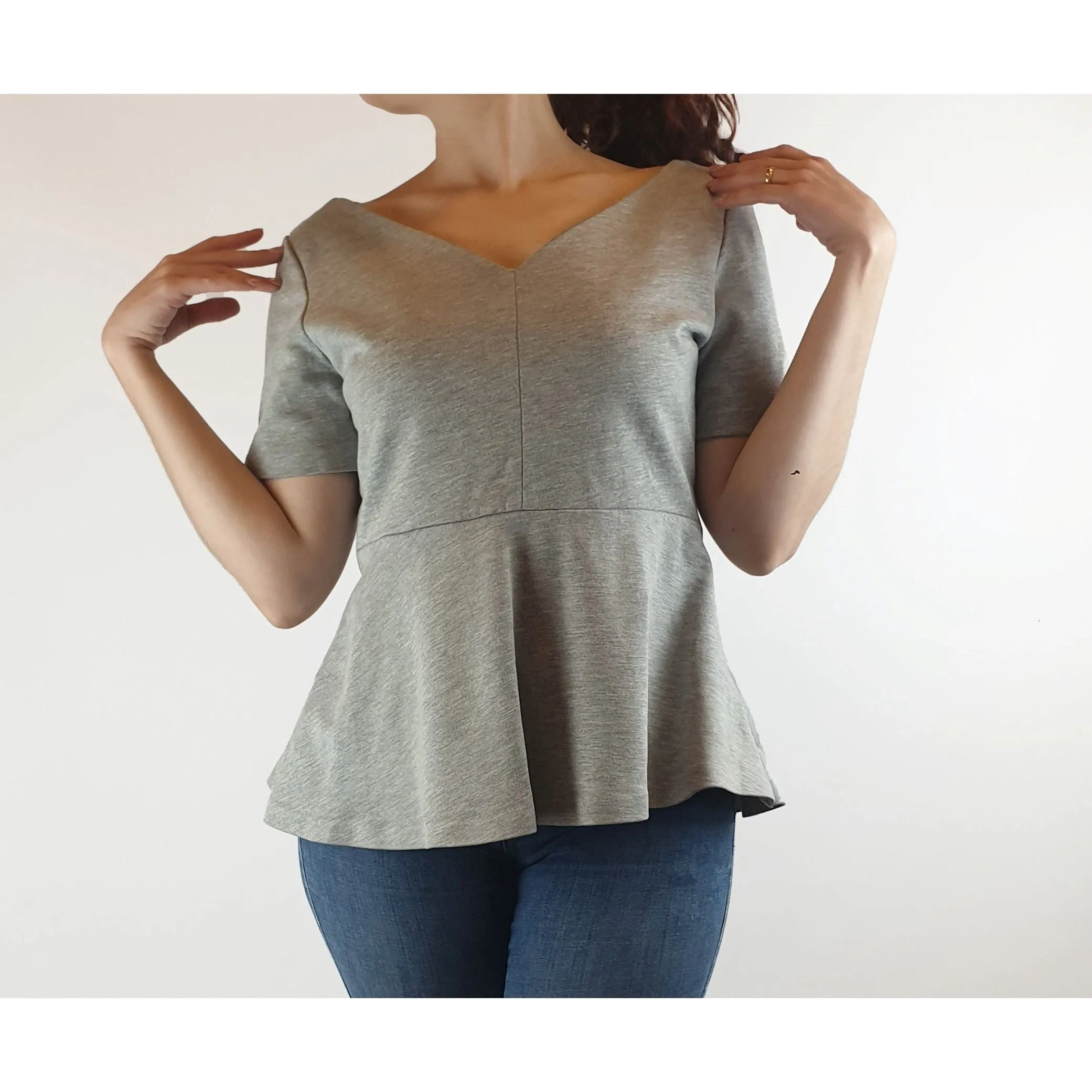 Cos grey v-neck tee shirt style top with flared detail size S (best fits 10)