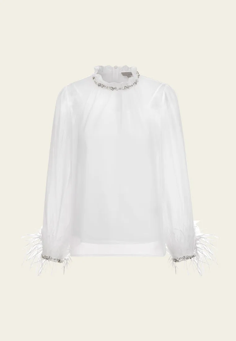 Crystal-embellished Ruffle-collar Frayed-detail Chiffon Blouse