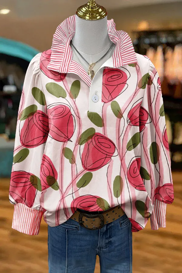 Cute Rose Valentine's Day Print Puff Sleeve Blouse