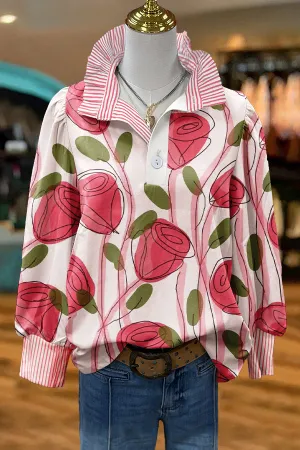 Cute Rose Valentine's Day Print Puff Sleeve Blouse
