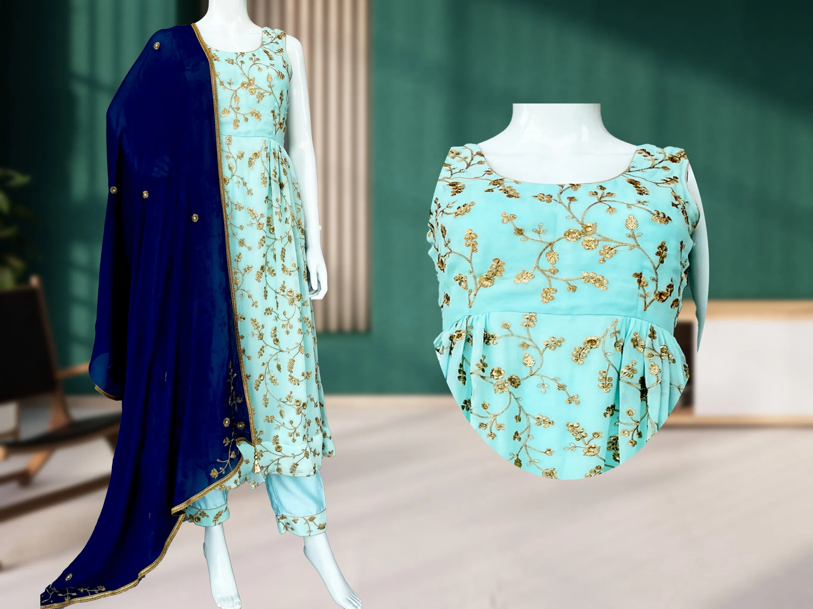 Cyan Georgette Anarkali Pant Suit, Embroidered Pant Suit, Bridesmaids, Partywear, Straight Pant Suit, Handmade, Wedding wear