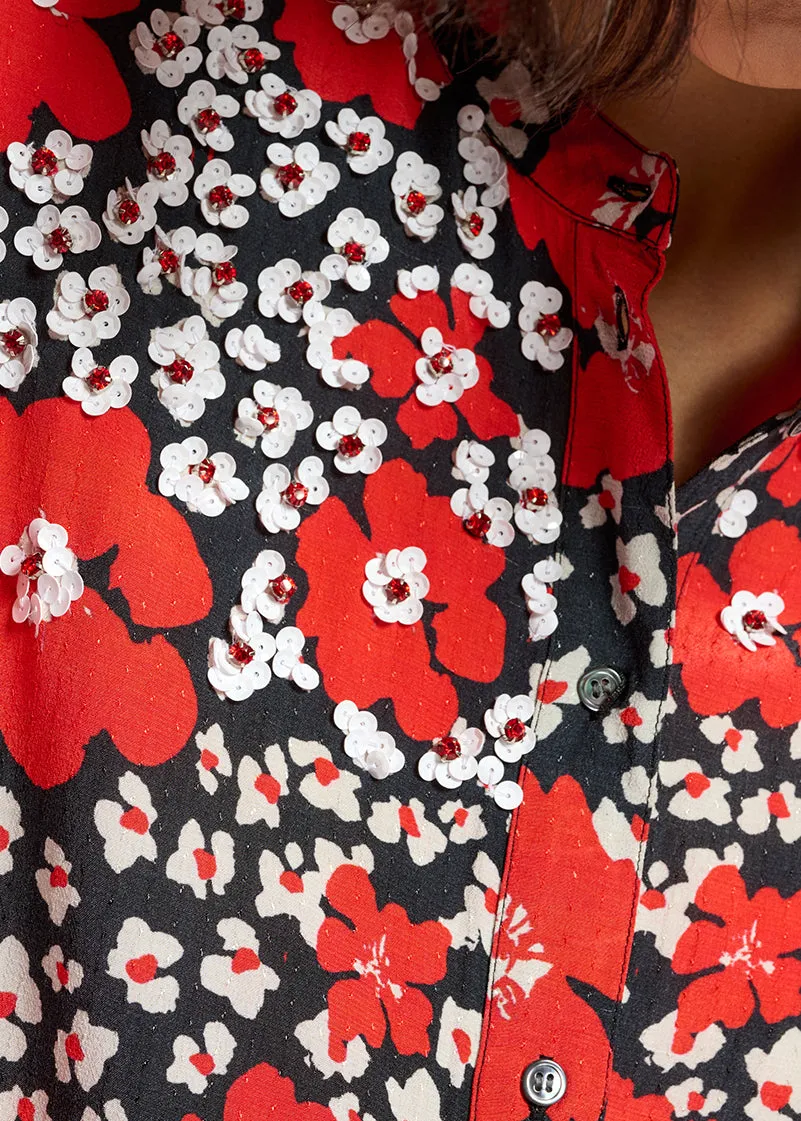 Dark blue, red and white floral-print shirt