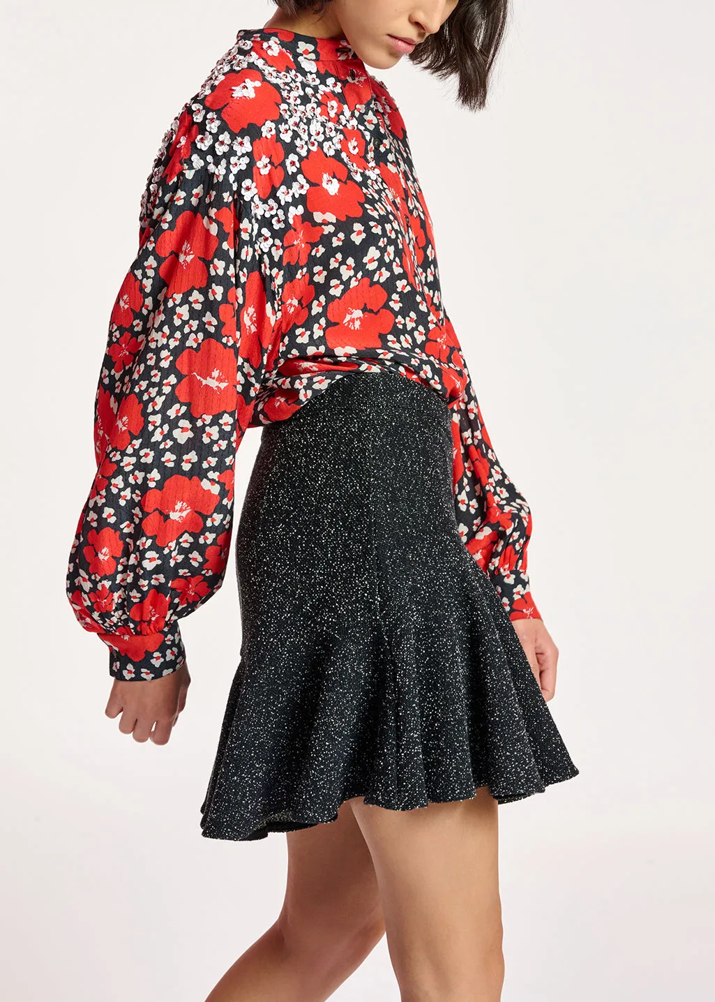 Dark blue, red and white floral-print shirt