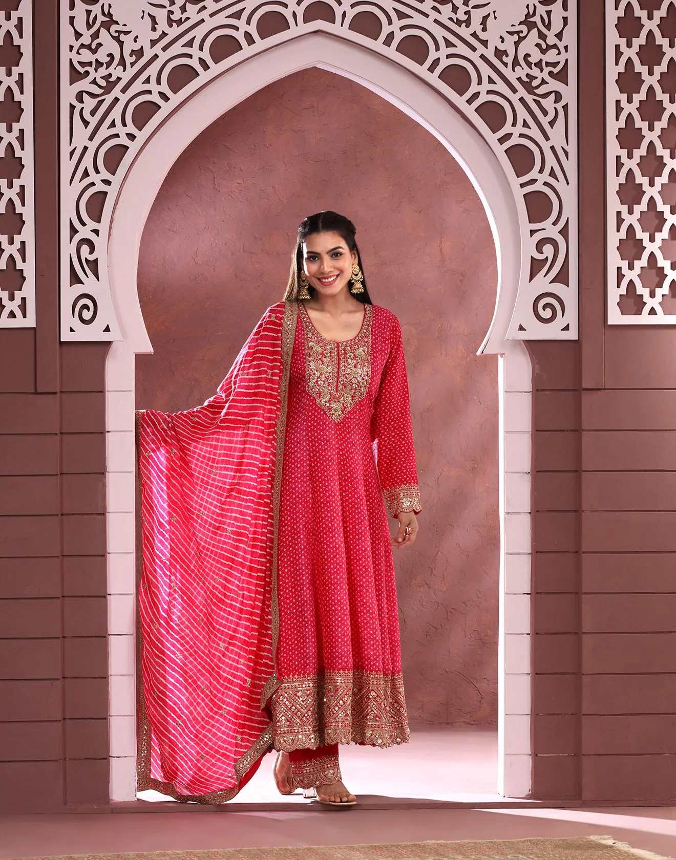 Deep Rani Pink Bandhej Printed Festive Anarkali Suit