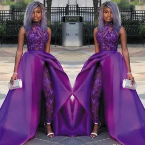 detachable skirt prom dresses 2020 purple jumpsuit for women lace appliqué beaded sparkly pant suit for weddings