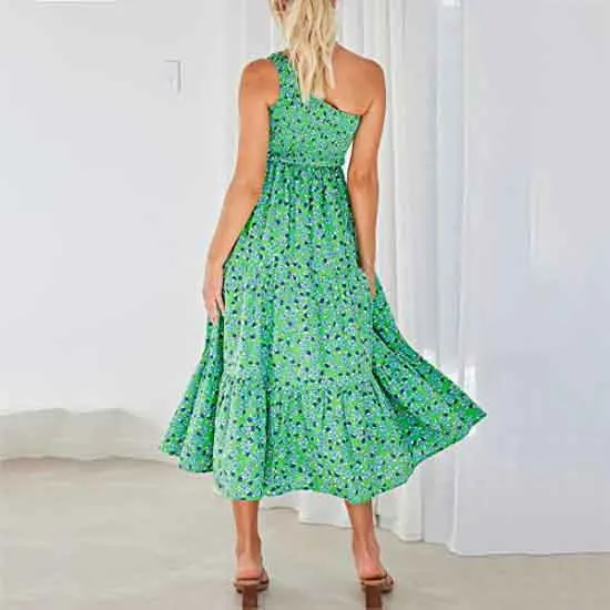 Dress Women Summer Print Boho One Shoulder Sleeveless Dress