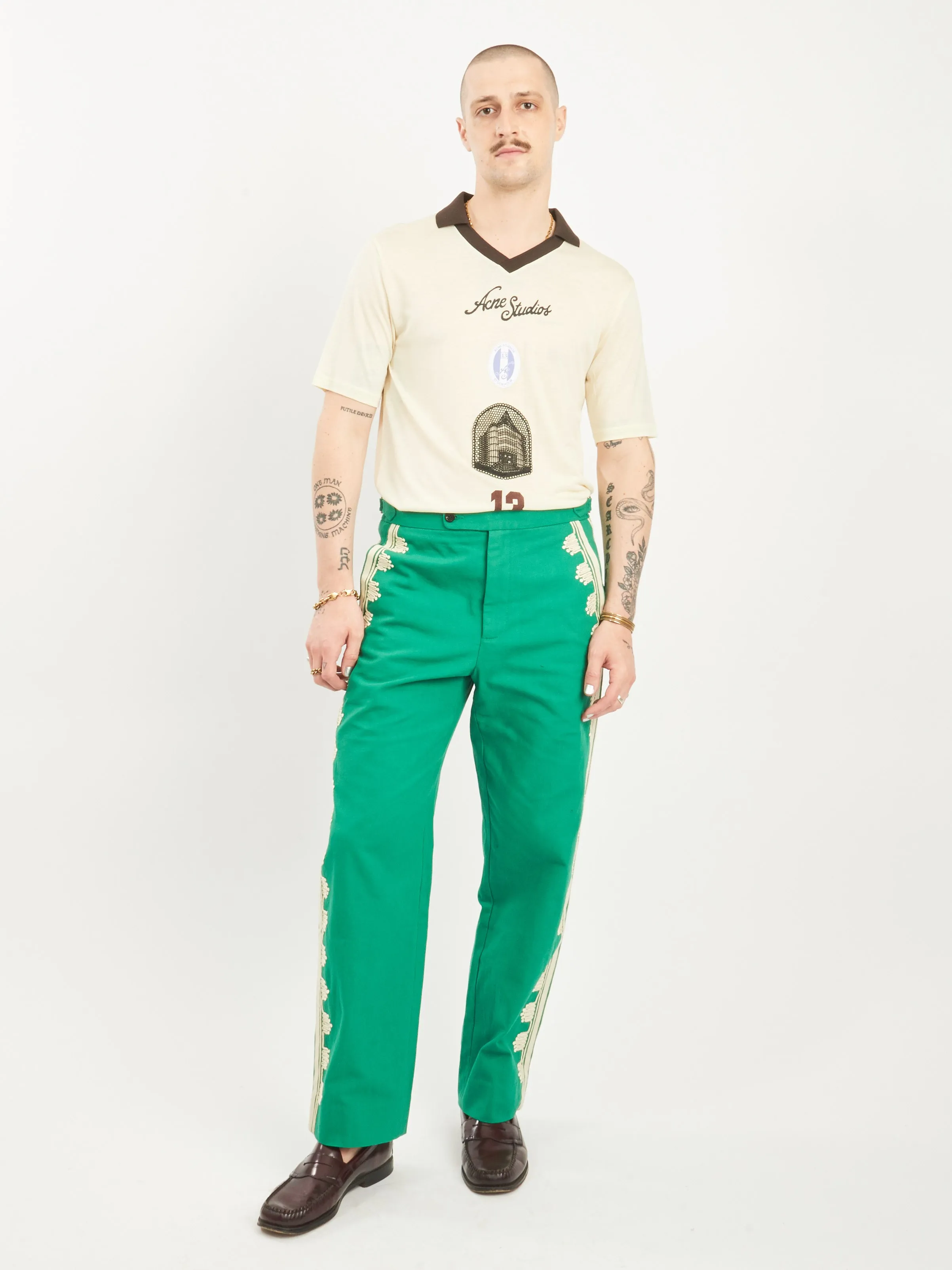 Ecru/Green Ripple Applique Trousers
