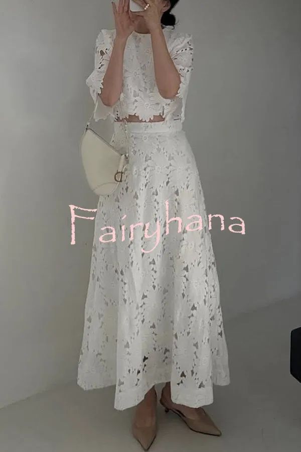 Elegant Embroidered Hollow Flowers Bell Sleeve Top and Full Hem Maxi Skirt Set