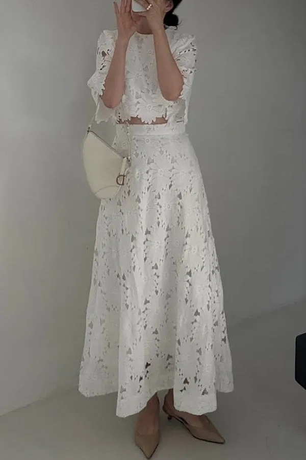 Elegant Embroidered Hollow Flowers Bell Sleeve Top and Full Hem Maxi Skirt Set