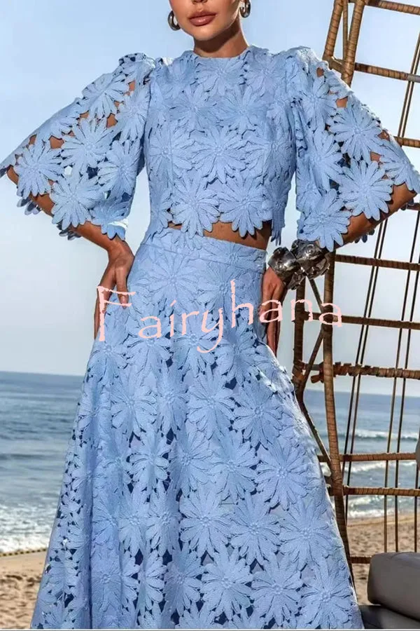 Elegant Embroidered Hollow Flowers Bell Sleeve Top and Full Hem Maxi Skirt Set