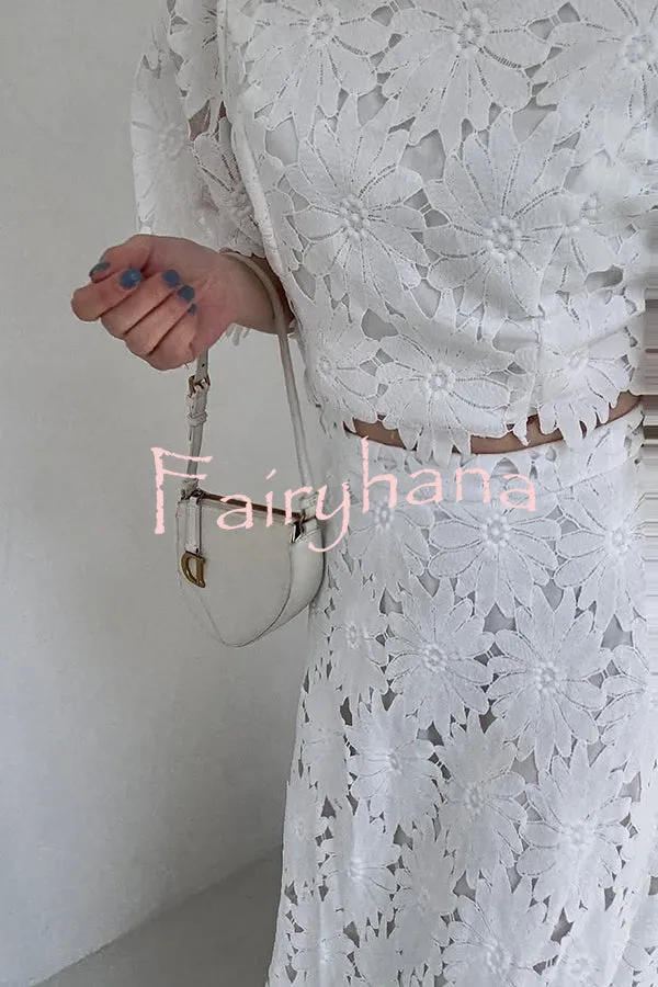 Elegant Embroidered Hollow Flowers Bell Sleeve Top and Full Hem Maxi Skirt Set