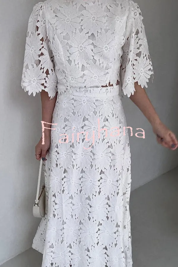 Elegant Embroidered Hollow Flowers Bell Sleeve Top and Full Hem Maxi Skirt Set