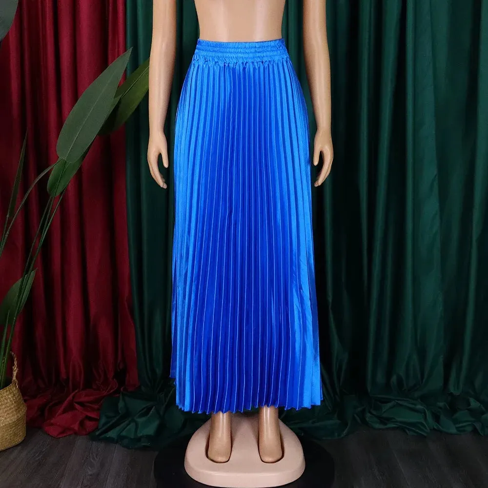 Elegant Pleated Skirts Women High Waisted Ankle Length Loose Solid Female Birthday Party Dinner Bottom Skirts