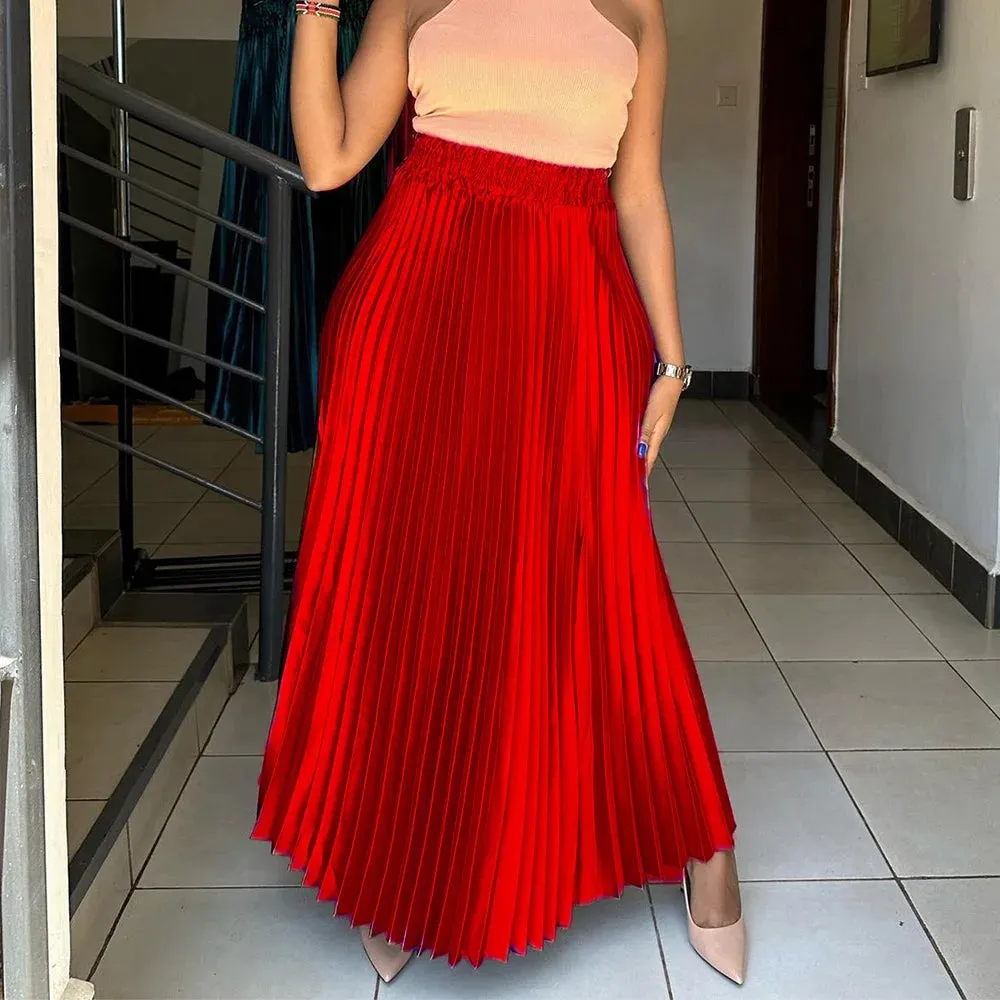 Elegant Pleated Skirts Women High Waisted Ankle Length Loose Solid Female Birthday Party Dinner Bottom Skirts